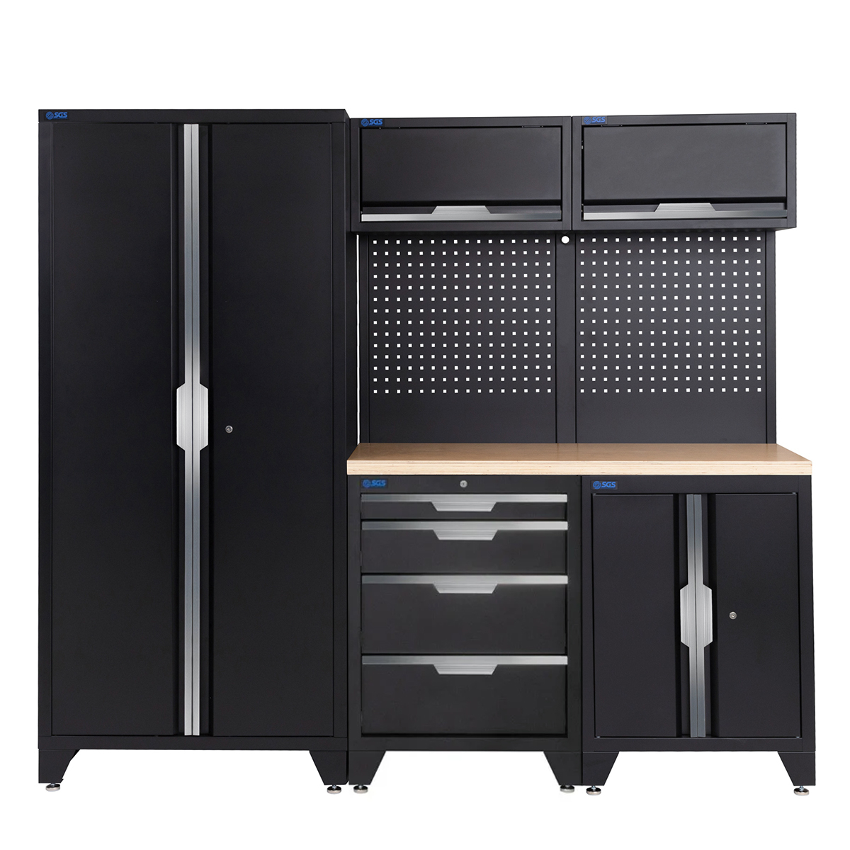 SGS 7pc Garage Storage System | 4 Drawers | Pressed Wood Worktop | Floor Cabinet | 2x Upper Cabinets | Tall Double Cabinet